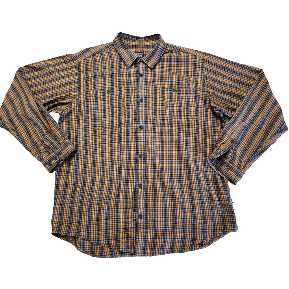 Patagonia Organic Cotton Shirt Men's Large Brown Striped Button Up Long Sleeve